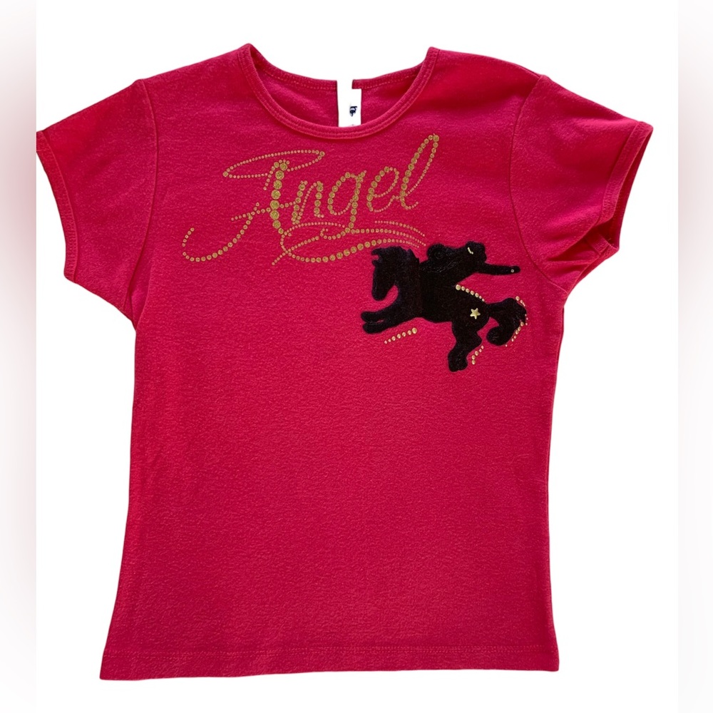 Bella Girl T-Shirt Angel Horse Short Sleeve Fitted Pink Sparkly Gold Girls 10-12